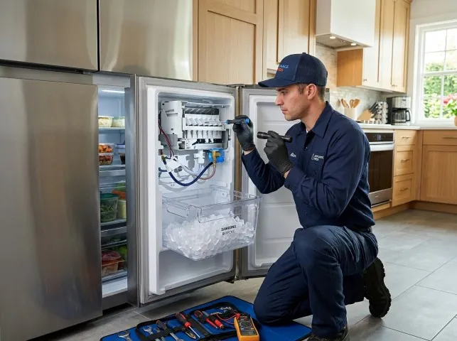 Appliance Repair Hero technician repairing a refrigerator ice maker in Ballwin, MO