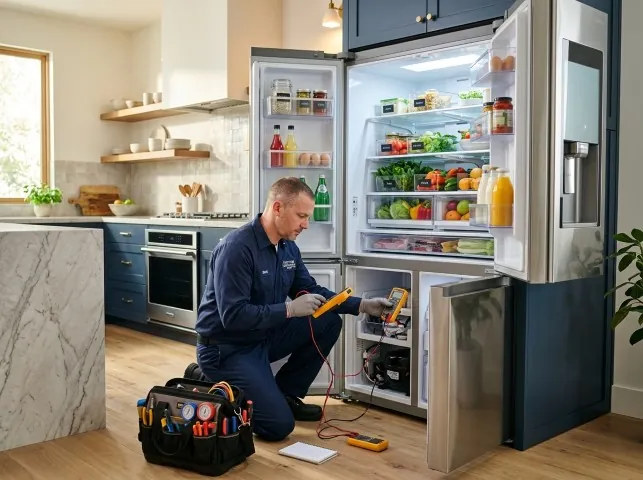 Appliance Repair Hero refrigerator technician testing a fridge on a Ballwin, MO service call